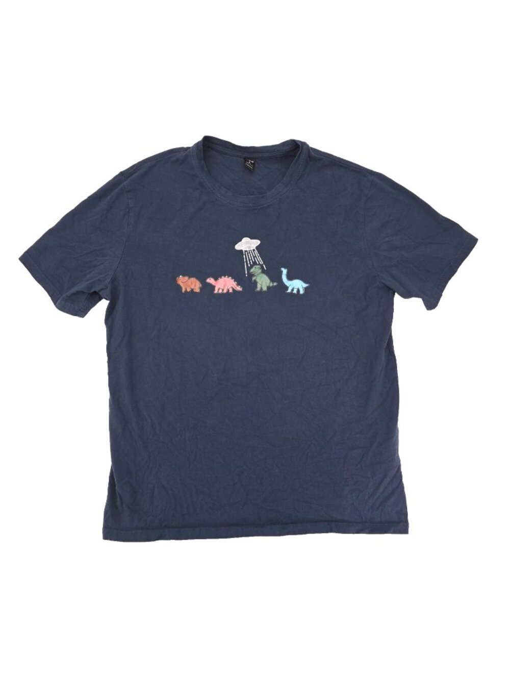 Romwe T-shirt Mens Large Navy Blue Dinosaur Alien Spaceship Graphic Tee Solid